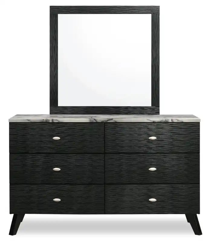 Chambre à coucher avec lit, commode et miroir, moderne du milieu du siècle