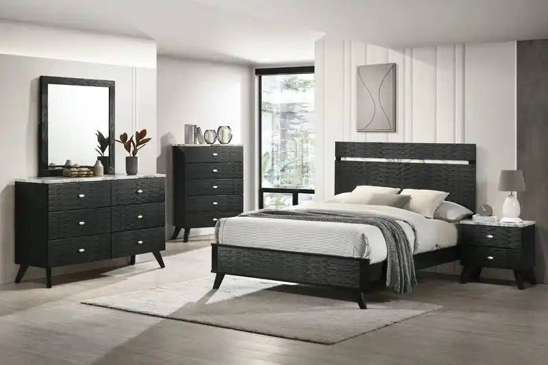 Chambre à coucher avec lit, commode et miroir, moderne du milieu du siècle