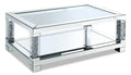 Berni 47.2 Glam Mirror & Glass Top Coffee Table with Shelf - Silver Metal with Diamond Look Legs