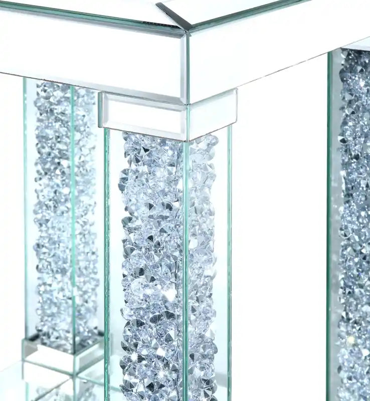 47.2 Table basse avec miroir glamour et plateau en verre avec étagère - Métal argenté avec pieds à l'aspect diamant