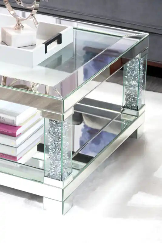 47.2 Table basse avec miroir glamour et plateau en verre avec étagère - Métal argenté avec pieds à l'aspect diamant