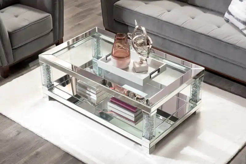 47.2 Table basse avec miroir glamour et plateau en verre avec étagère - Métal argenté avec pieds à l'aspect diamant