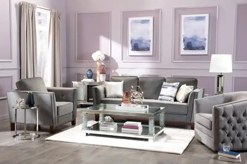 47.2 Table basse avec miroir glamour et plateau en verre avec étagère - Métal argenté avec pieds à l'aspect diamant