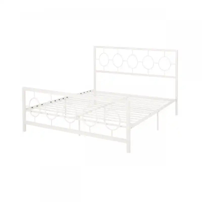 Cadre de lit en métal avec tête et pied de lit au design circulaire, taille king, lit king blanc