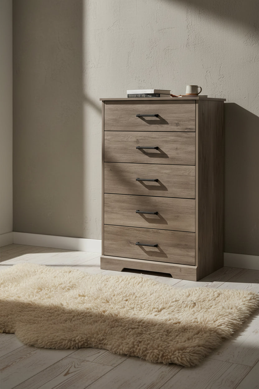 Commode haute à 5 tiroirs – Commode de chambre à coucher de style ferme moderne, 3 couleurs
