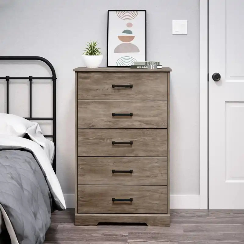 Commode haute à 5 tiroirs – Commode de chambre à coucher de style ferme moderne, 3 couleurs