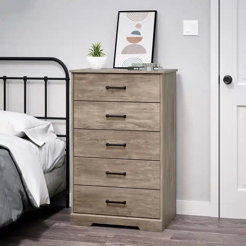 Commode haute à 5 tiroirs – Commode de chambre à coucher de style ferme moderne, 3 couleurs