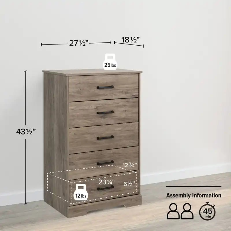 Commode haute à 5 tiroirs – Commode de chambre à coucher de style ferme moderne, 3 couleurs
