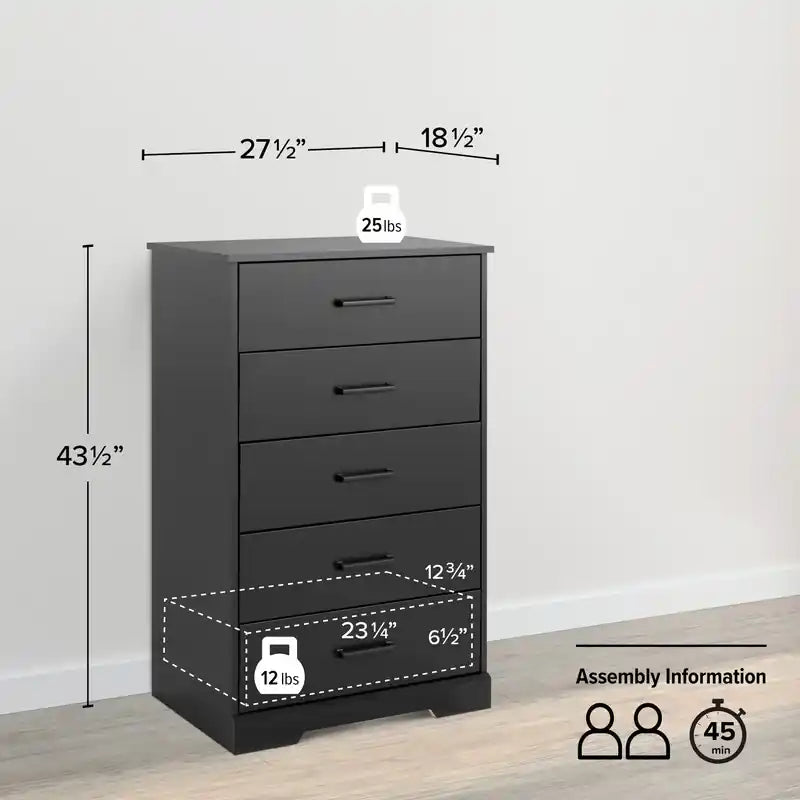 Commode haute à 5 tiroirs – Commode de chambre à coucher de style ferme moderne, 3 couleurs