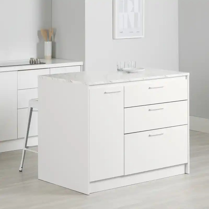Îlot de cuisine avec porte et tiroirs – Faux marbre blanc et blanc