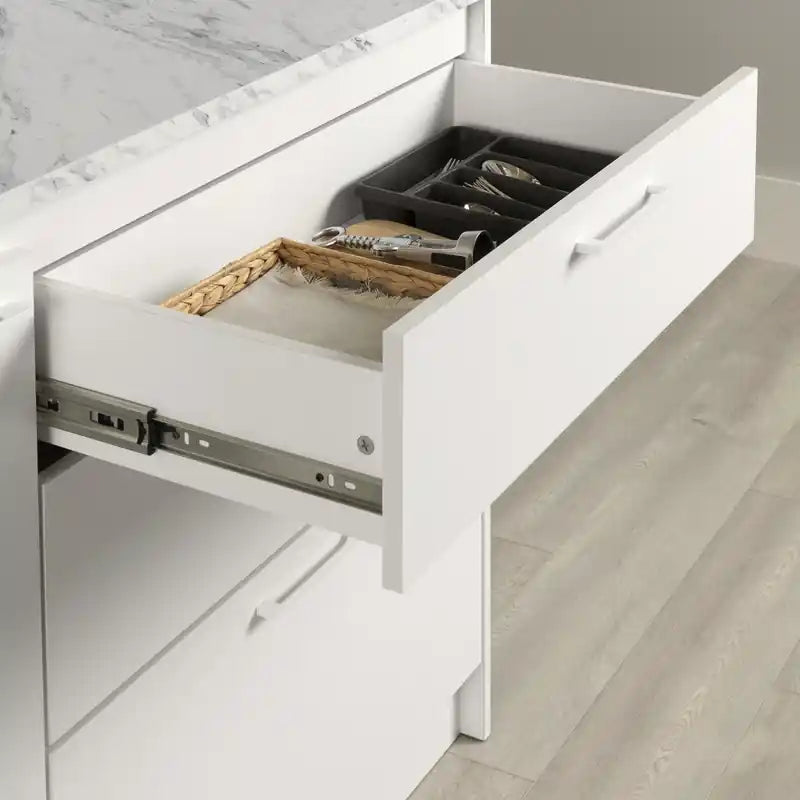 Îlot de cuisine avec porte et tiroirs – Faux marbre blanc et blanc