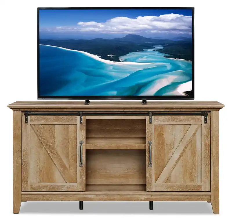 Meuble TV rustique de 65 po avec rangement et gestion des câbles pour téléviseurs jusqu'à 75 po - Brun clair