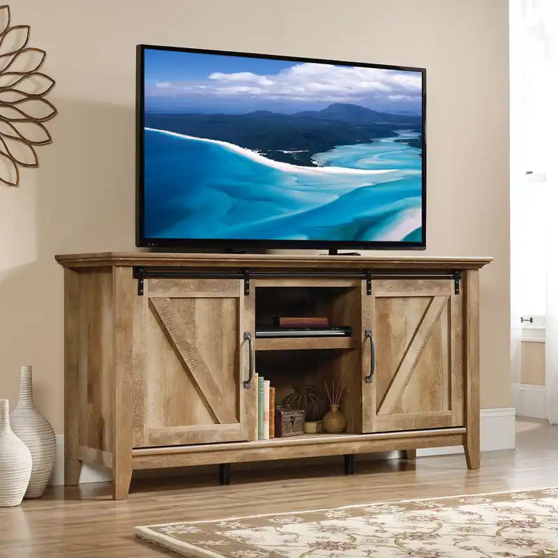 Meuble TV rustique de 65 po avec rangement et gestion des câbles pour téléviseurs jusqu'à 75 po - Brun clair