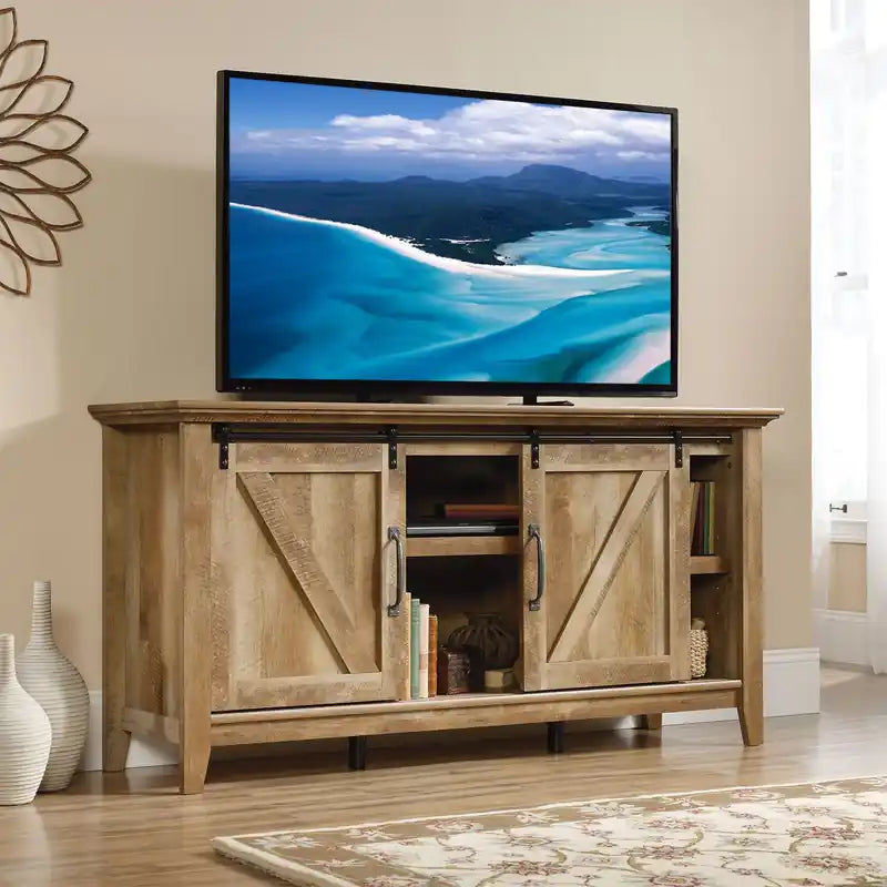 Meuble TV rustique de 65 po avec rangement et gestion des câbles pour téléviseurs jusqu'à 75 po - Brun clair