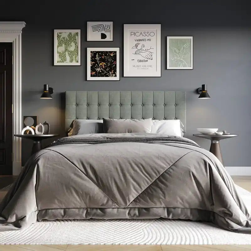Tête de lit capitonnée Ellis en tissu gris, capitonnage boutonné - Taille simple