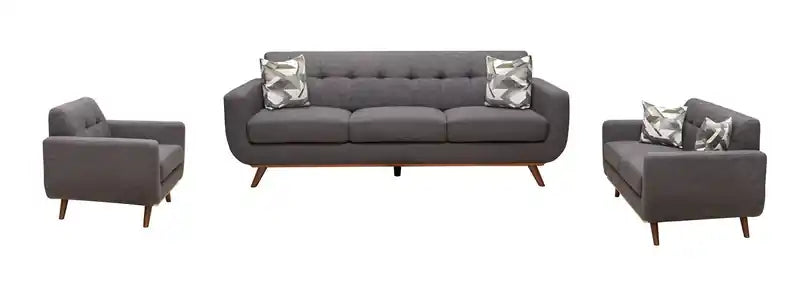 Causeuse en tissu d'aspect lin de 63 po avec pieds en bois et coussins de dossier capitonnés - Gris anthracite