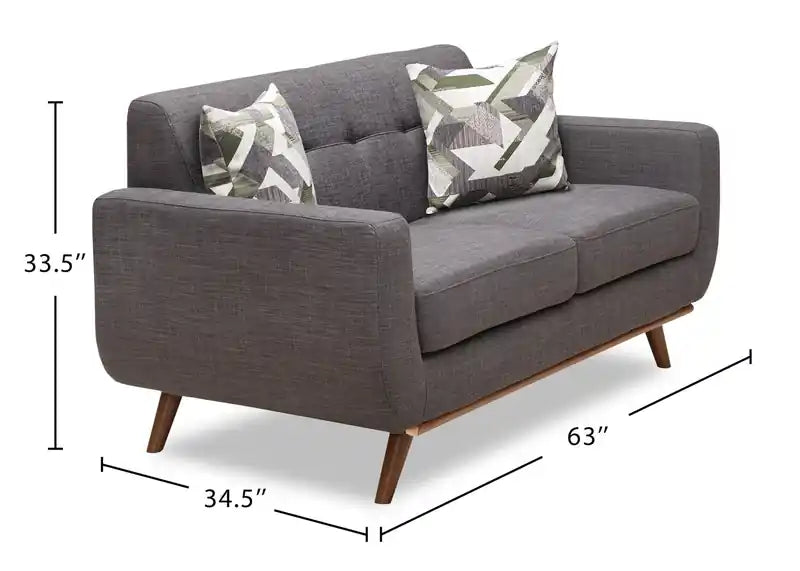 Causeuse en tissu d'aspect lin de 63 po avec pieds en bois et coussins de dossier capitonnés - Gris anthracite