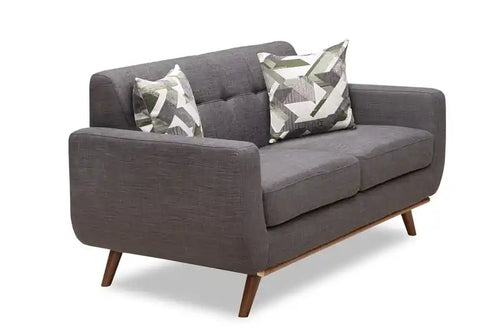 Causeuse en tissu d'aspect lin de 63 po avec pieds en bois et coussins de dossier capitonnés - Gris anthracite