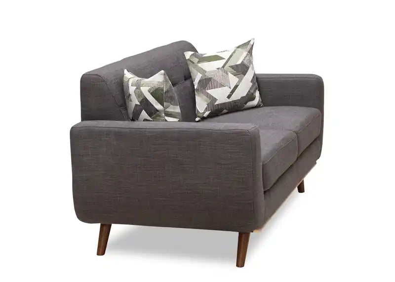 Causeuse en tissu d'aspect lin de 63 po avec pieds en bois et coussins de dossier capitonnés - Gris anthracite