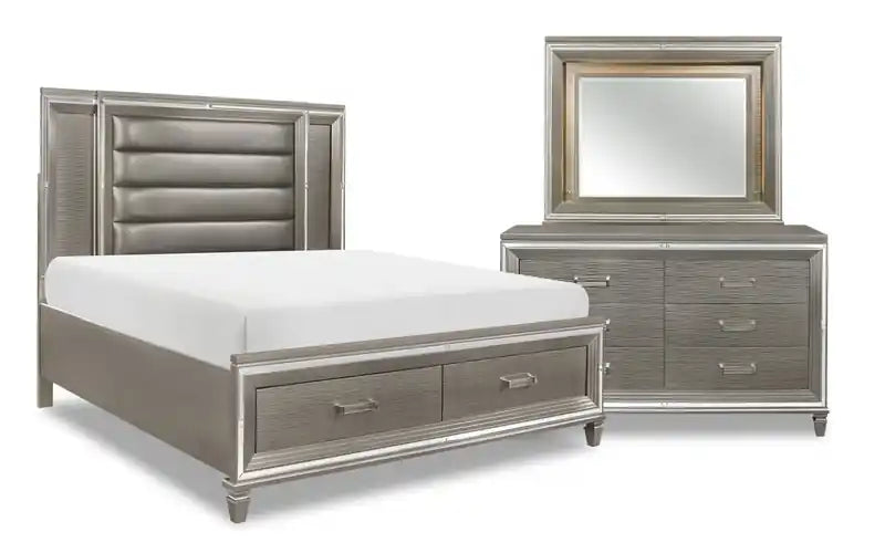 Max 5pc Bedroom Set with Storage Bed, Dresser & Mirror, LED, Glam