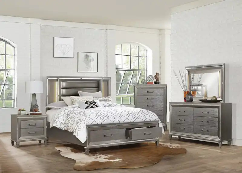 Chambre avec lit de rangement, commode et miroir, LED, Glam