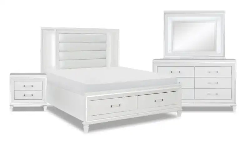 Chambre avec lit de rangement, commode et miroir, LED, Glam