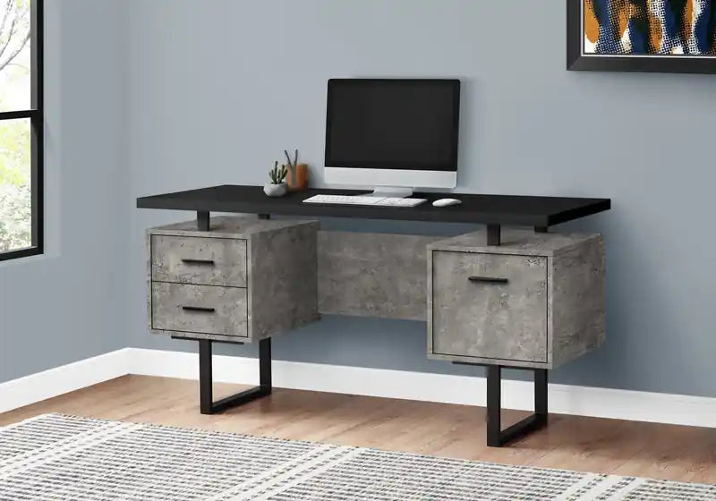 Bureau réversible de 152 cm avec 3 tiroirs – Effet béton gris