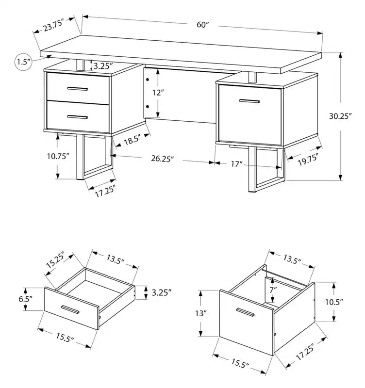 Bureau réversible de 152 cm avec 3 tiroirs – Effet béton gris