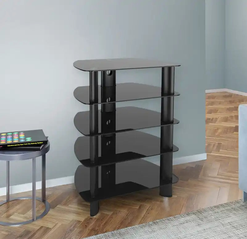 Meuble audio moderne de 26 po avec rangement et gestion des câbles pour téléviseurs jusqu'à - Métal noir et verre
