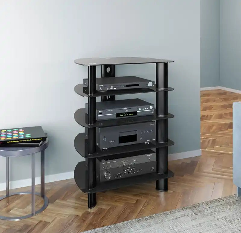 Meuble audio moderne de 26 po avec rangement et gestion des câbles pour téléviseurs jusqu'à - Métal noir et verre