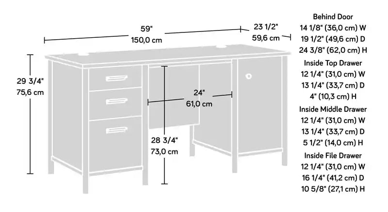 Bureau d'ordinateur commercial 59,06" avec 3 tiroirs et armoire - Érable naturel