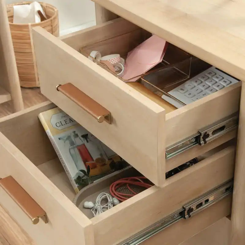 Bureau d'ordinateur commercial 59,06" avec 3 tiroirs et armoire - Érable naturel