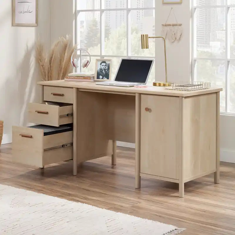 Bureau d'ordinateur commercial 59,06" avec 3 tiroirs et armoire - Érable naturel