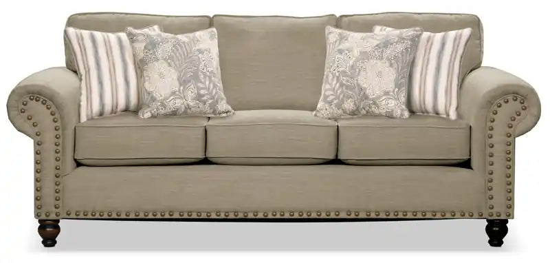 Made in Canada Wynn 93 Chenille Fabric Sofa with Nailhead Trim and Wood Bun Legs