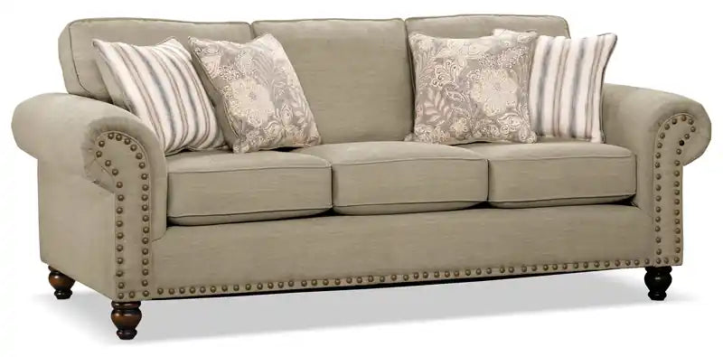 Canapé en tissu chenille 93 po avec garniture cloutée et pieds en bois tournés