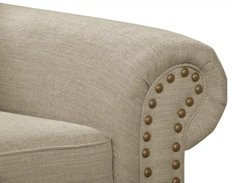 Canapé en tissu chenille 93 po avec garniture cloutée et pieds en bois tournés
