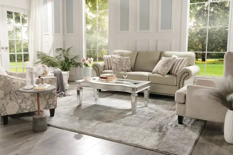 Canapé en tissu chenille 93 po avec garniture cloutée et pieds en bois tournés