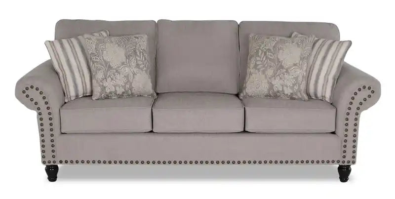 Canapé en tissu chenille 93 po avec garniture cloutée et pieds en bois tournés