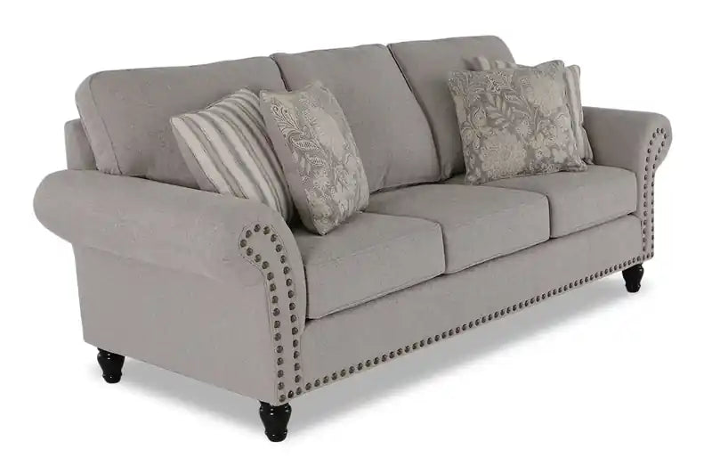 Canapé en tissu chenille 93 po avec garniture cloutée et pieds en bois tournés