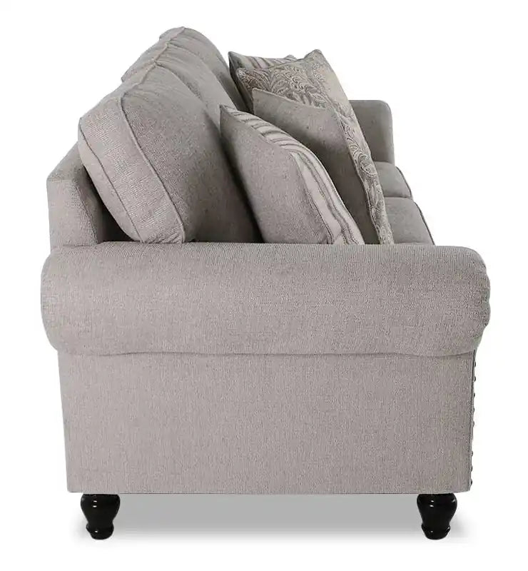Canapé en tissu chenille 93 po avec garniture cloutée et pieds en bois tournés
