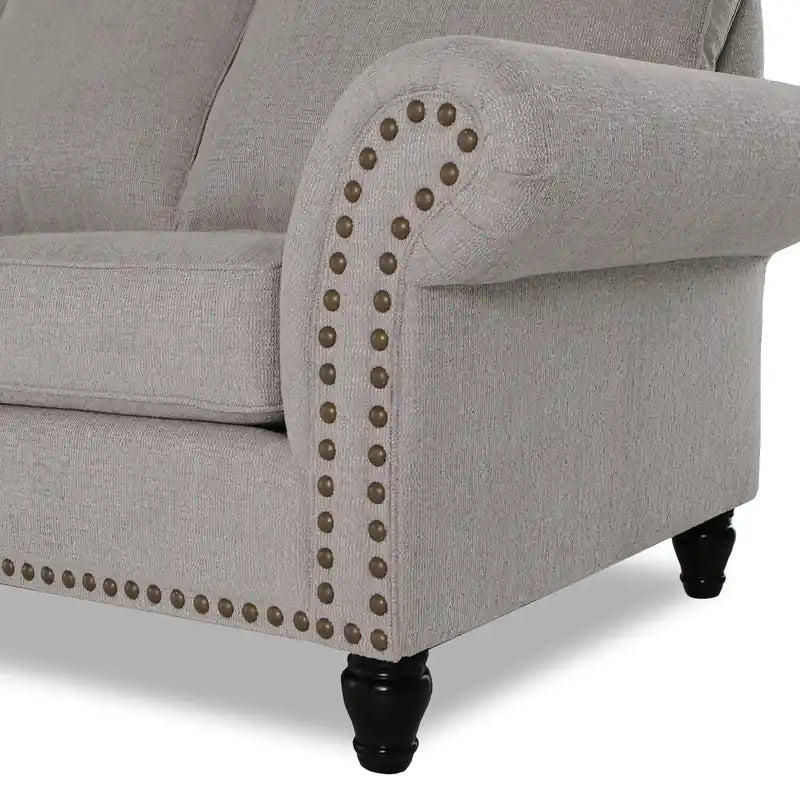 Canapé en tissu chenille 93 po avec garniture cloutée et pieds en bois tournés