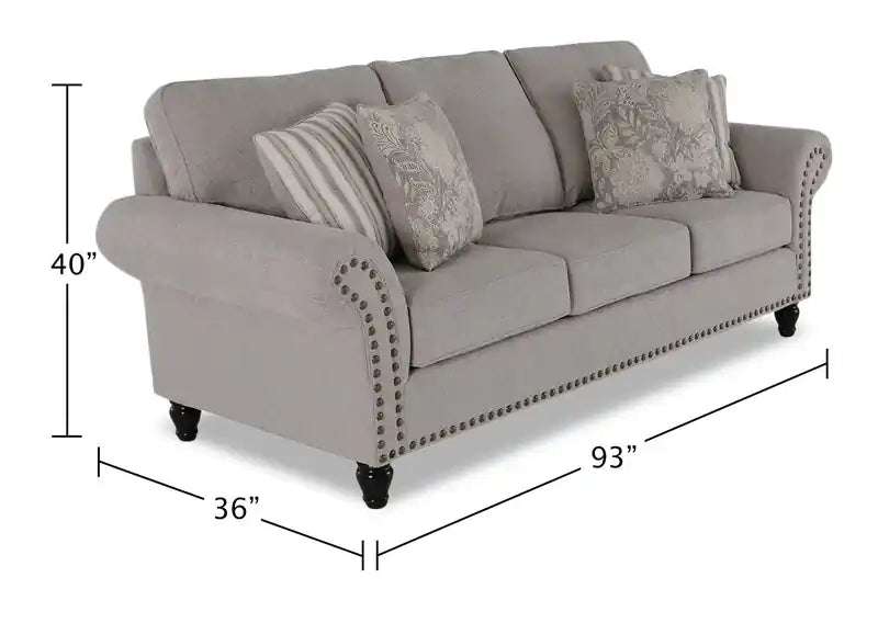 Canapé en tissu chenille 93 po avec garniture cloutée et pieds en bois tournés