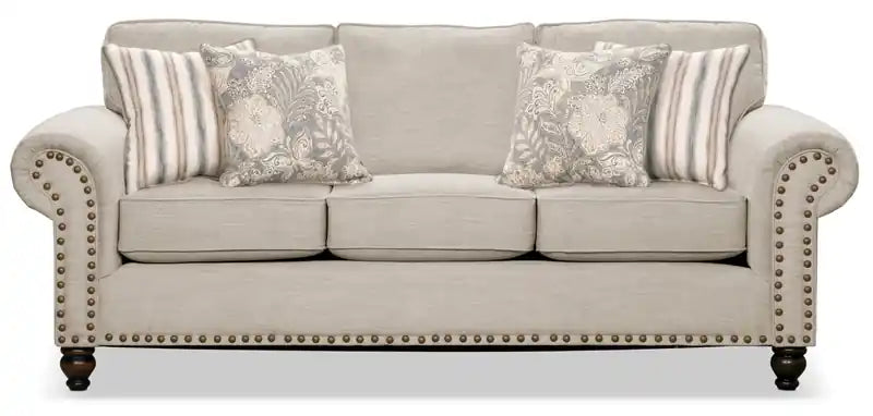 Canapé en tissu chenille 93 po avec garniture cloutée et pieds en bois tournés