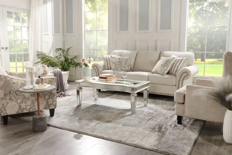 Canapé en tissu chenille 93 po avec garniture cloutée et pieds en bois tournés
