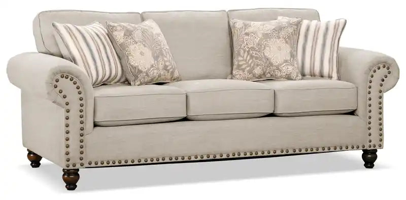 Canapé en tissu chenille 93 po avec garniture cloutée et pieds en bois tournés