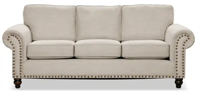 Canapé en tissu chenille 93 po avec garniture cloutée et pieds en bois tournés