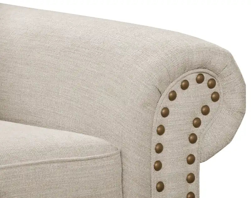 Canapé en tissu chenille 93 po avec garniture cloutée et pieds en bois tournés