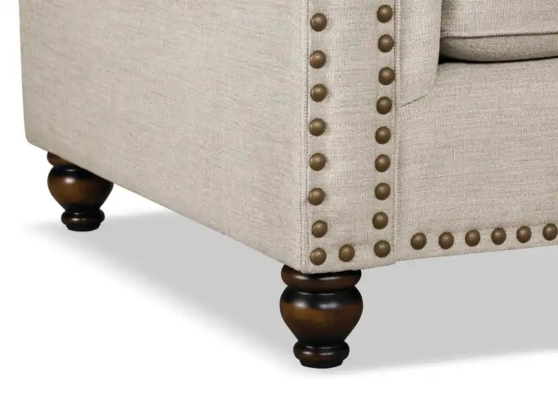 Canapé en tissu chenille 93 po avec garniture cloutée et pieds en bois tournés