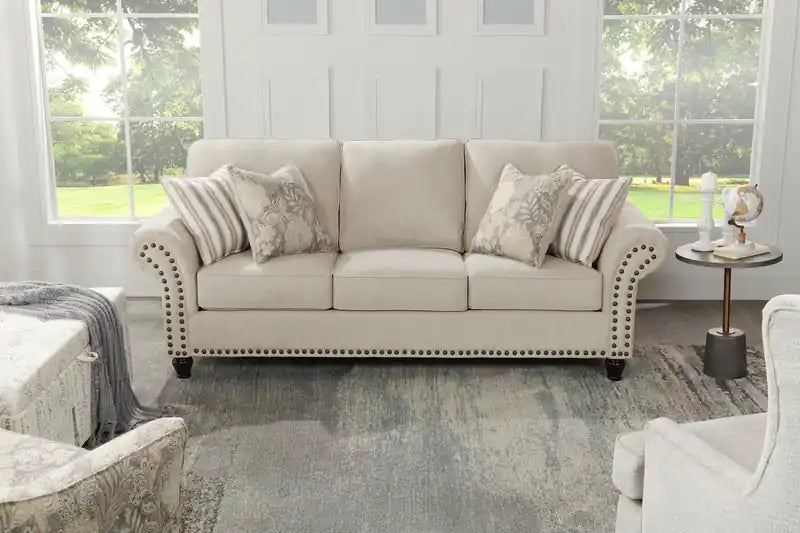 Canapé en tissu chenille 93 po avec garniture cloutée et pieds en bois tournés